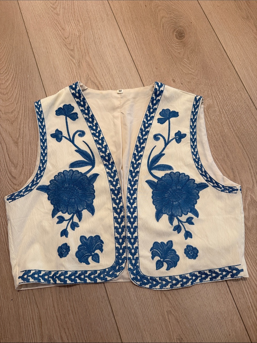 Embroidered Floral Vest in Blue & Cream